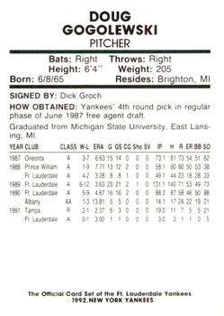 1992 Fort Lauderdale Yankees #15 Doug Gogolewski Back