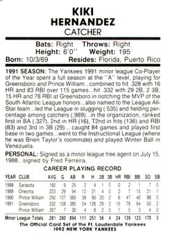 1992 Fort Lauderdale Yankees #18 Kiki Hernandez Back