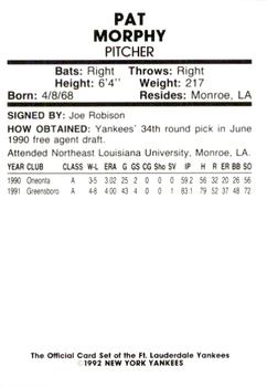 1992 Fort Lauderdale Yankees #22 Pat Morphy Back