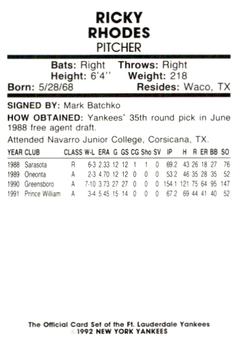 1992 Fort Lauderdale Yankees #27 Ricky Rhodes Back