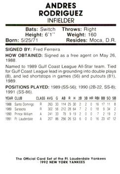 1992 Fort Lauderdale Yankees #28 Andres Rodriguez Back