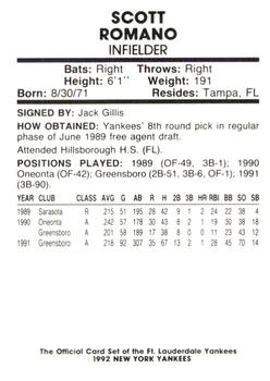 1992 Fort Lauderdale Yankees #29 Scott Romano Back