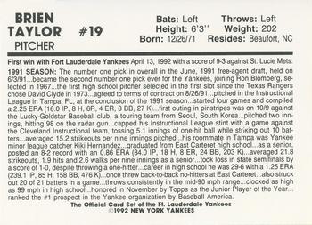 1992 Fort Lauderdale Yankees #NNO Brien Taylor Back