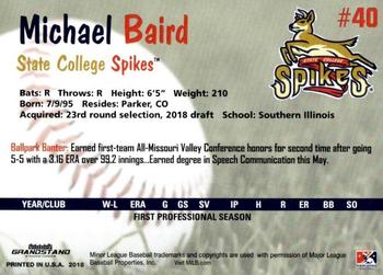 2018 Grandstand State College Spikes #NNO Michael Baird Back