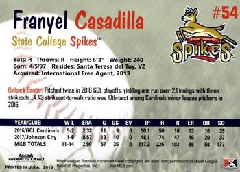 2018 Grandstand State College Spikes #NNO Franyel Casadilla Back