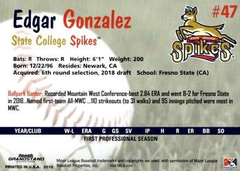 2018 Grandstand State College Spikes #NNO Edgar Gonzalez Back