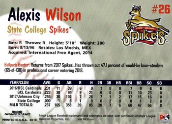 2018 Grandstand State College Spikes #NNO Alexis Wilson Back