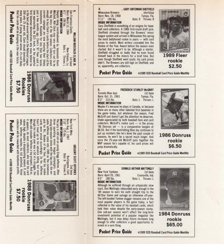 1989 SCD Baseball Card Price Guide Monthly - Full Panel #2 Will Clark / Gregg Jefferies / Gary Sheffield / Fred McGriff / Don Mattingly Back