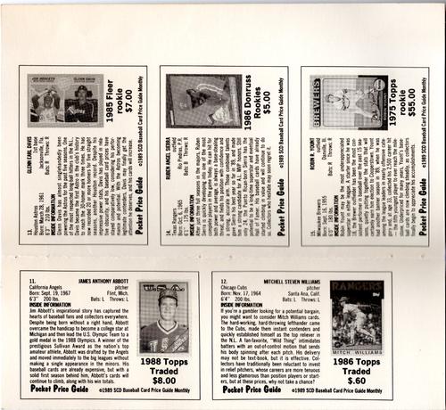 1989 SCD Baseball Card Price Guide Monthly - Full Panel #3 Jim Abbott / Mitch Williams / Glenn Davis / Ruben Sierra / Robin Yount Back