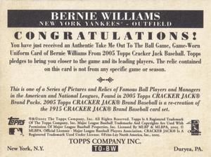 2005 Topps Cracker Jack - Take Me Out to the Ballgame Mini Relics #TO-BW Bernie Williams Back