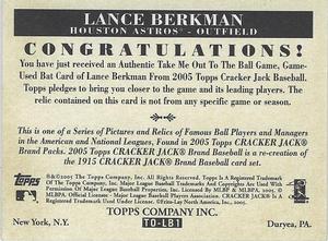 2005 Topps Cracker Jack - Take Me Out to the Ballgame Mini Relics #TO-LB1 Lance Berkman Back