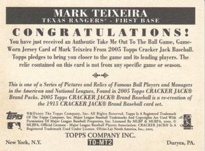 2005 Topps Cracker Jack - Take Me Out to the Ballgame Mini Relics #TO-MT2 Mark Teixeira Back