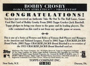 2005 Topps Cracker Jack - Take Me Out to the Ballgame Mini Relics #TO-BCR Bobby Crosby Back
