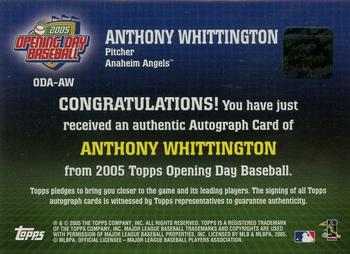 2005 Topps Opening Day - Autographs #ODA-AW Anthony Whittington Back