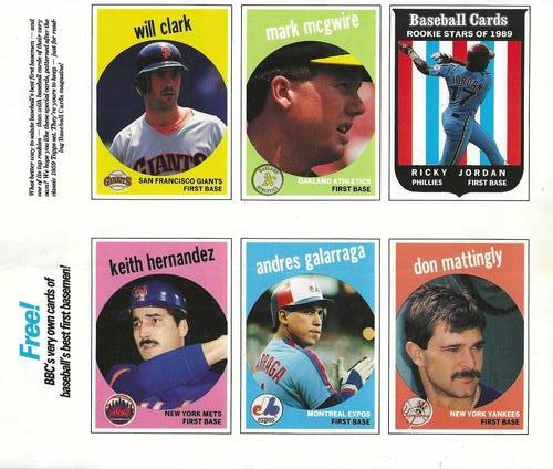 1989 Baseball Cards Magazine '59 Topps Replicas - Full Panel #1-6 Keith Hernandez / Will Clark / Andres Galarraga / Mark McGwire / Don Mattingly / Ricky Jordan Front