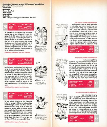 1989 Baseball Cards Magazine '59 Topps Replicas - Full Panel #25-30 Dave Winfield / Darryl Strawberry / Tony Gwynn / Darryl Hamilton / Jose Canseco / Andre Dawson Back