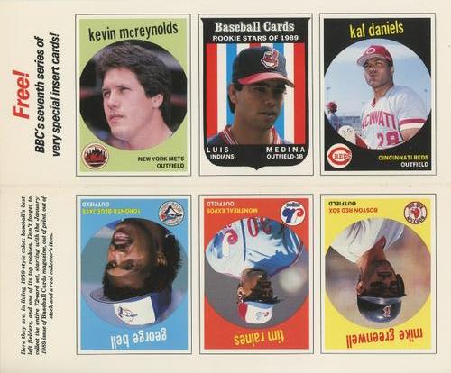 1989 Baseball Cards Magazine '59 Topps Replicas - Full Panel #37-42 George Bell / Kevin McReynolds / Tim Raines / Luis Medina / Mike Greenwell / Kal Daniels Front