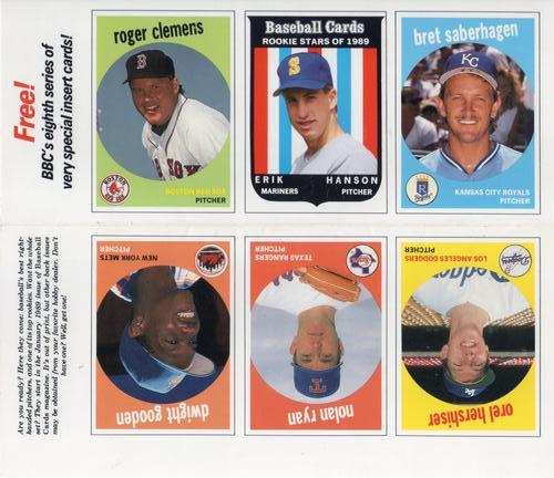 1989 Baseball Cards Magazine '59 Topps Replicas - Full Panel #43-48 Dwight Gooden / Roger Clemens / Nolan Ryan / Erik Hanson / Orel Hershiser / Bret Saberhagen Front