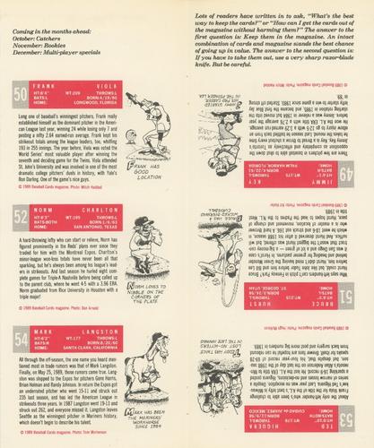 1989 Baseball Cards Magazine '59 Topps Replicas - Full Panel #49-54 Jimmy Key / Frank Viola / Bruce Hurst / Norm Charlton / Ted Higuera / Mark Langston Back