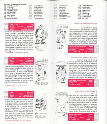 1989 Baseball Cards Magazine '59 Topps Replicas - Full Panel #55-60 Damon Berryhill / Carlton Fisk / Terry Steinbach / Sandy Alomar Jr. / Benito Santiago / Bob Boone Back