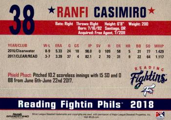 2018 Grandstand Reading Fightin Phils Update #NNO Ranfi Casimiro Back