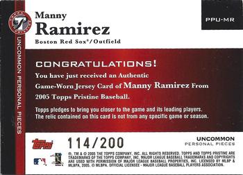 2005 Topps Pristine - Personal Pieces Uncommon Relics #PPU-MR Manny Ramirez Back
