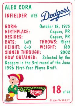 2002 Keebler Los Angeles Dodgers SGA #18 Alex Cora Back