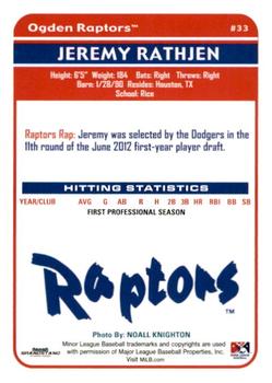 2012 Grandstand Ogden Raptors #NNO Jeremy Rathjen Back