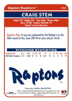 2012 Grandstand Ogden Raptors #NNO Craig Stem Back
