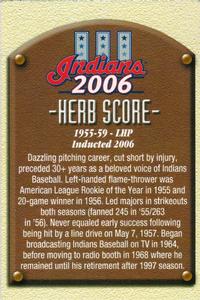 2006 Medical Mutual Cleveland Indians Hall of Fame #NNO Herb Score Back