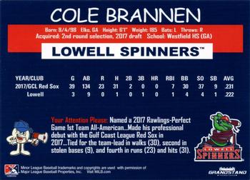 2018 Grandstand Lowell Spinners #NNO Cole Brannen Back