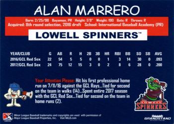 2018 Grandstand Lowell Spinners #NNO Alan Marrero Back