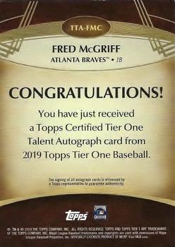 2019 Topps Tier One - Tier One Talent Autographs #TTA-FMC Fred McGriff Back