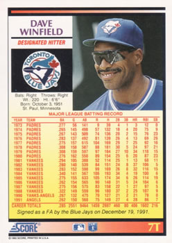 1992 Score Rookie & Traded #7T Dave Winfield Back