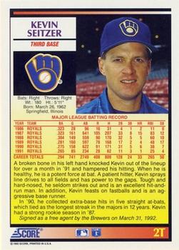 1992 Score Rookie & Traded #2T Kevin Seitzer Back