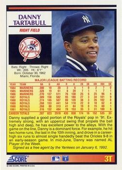 1992 Score Rookie & Traded #3T Danny Tartabull Back