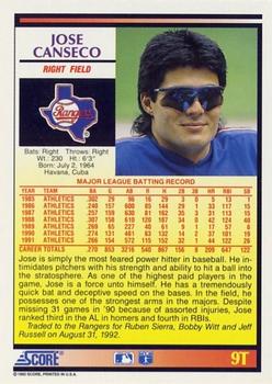 1992 Score Rookie & Traded #9T Jose Canseco Back