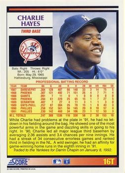 1992 Score Rookie & Traded #16T Charlie Hayes Back