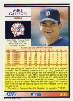 1992 Score Rookie & Traded #30T Mike Gallego Back