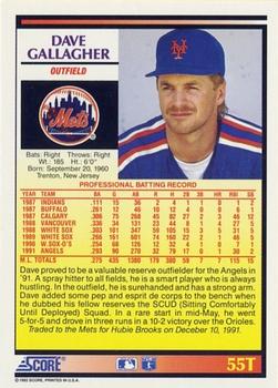 1992 Score Rookie & Traded #55T Dave Gallagher Back