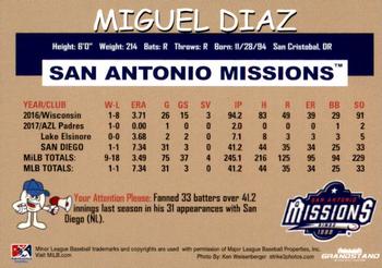 2018 Grandstand San Antonio Missions #6 Miguel Diaz Back