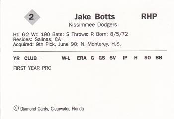 1990 Diamond Cards Kissimmee Dodgers #2 Jake Botts Back