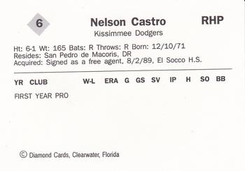 1990 Diamond Cards Kissimmee Dodgers #6 Nelson Castro Back