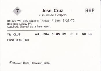 1990 Diamond Cards Kissimmee Dodgers #7 Jose Cruz Back