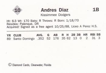 1990 Diamond Cards Kissimmee Dodgers #10 Andres Diaz Back