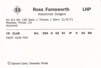 1990 Diamond Cards Kissimmee Dodgers #11 Ross Farnsworth Back