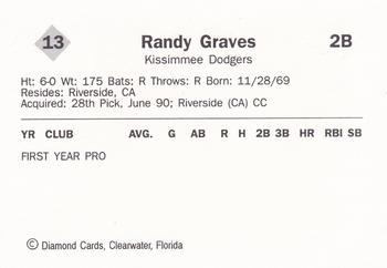 1990 Diamond Cards Kissimmee Dodgers #13 Randy Graves Back