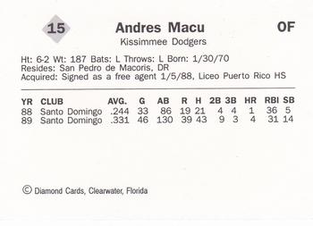 1990 Diamond Cards Kissimmee Dodgers #15 Andres Macu Back