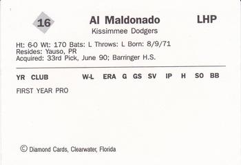 1990 Diamond Cards Kissimmee Dodgers #16 Al Maldonado Back