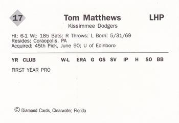 1990 Diamond Cards Kissimmee Dodgers #17 Tom Matthews Back